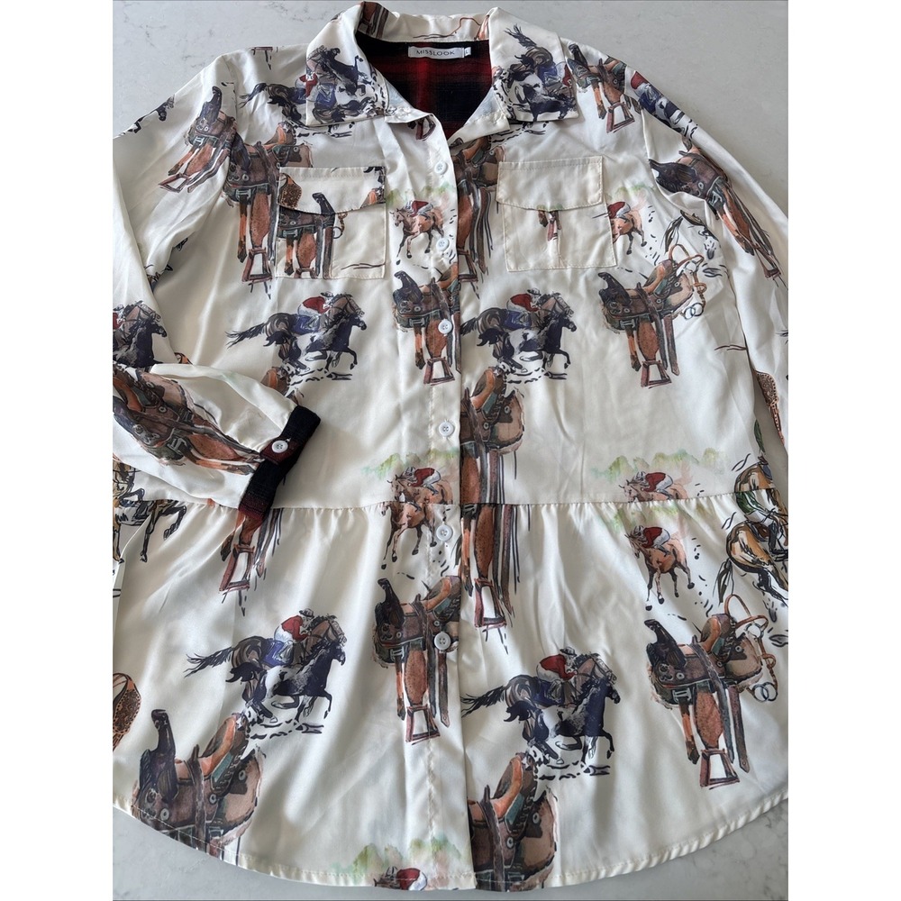 Misslook Womens L Horse Rider Button Up Blouse Equestrian Cowboy Rodeo Derby